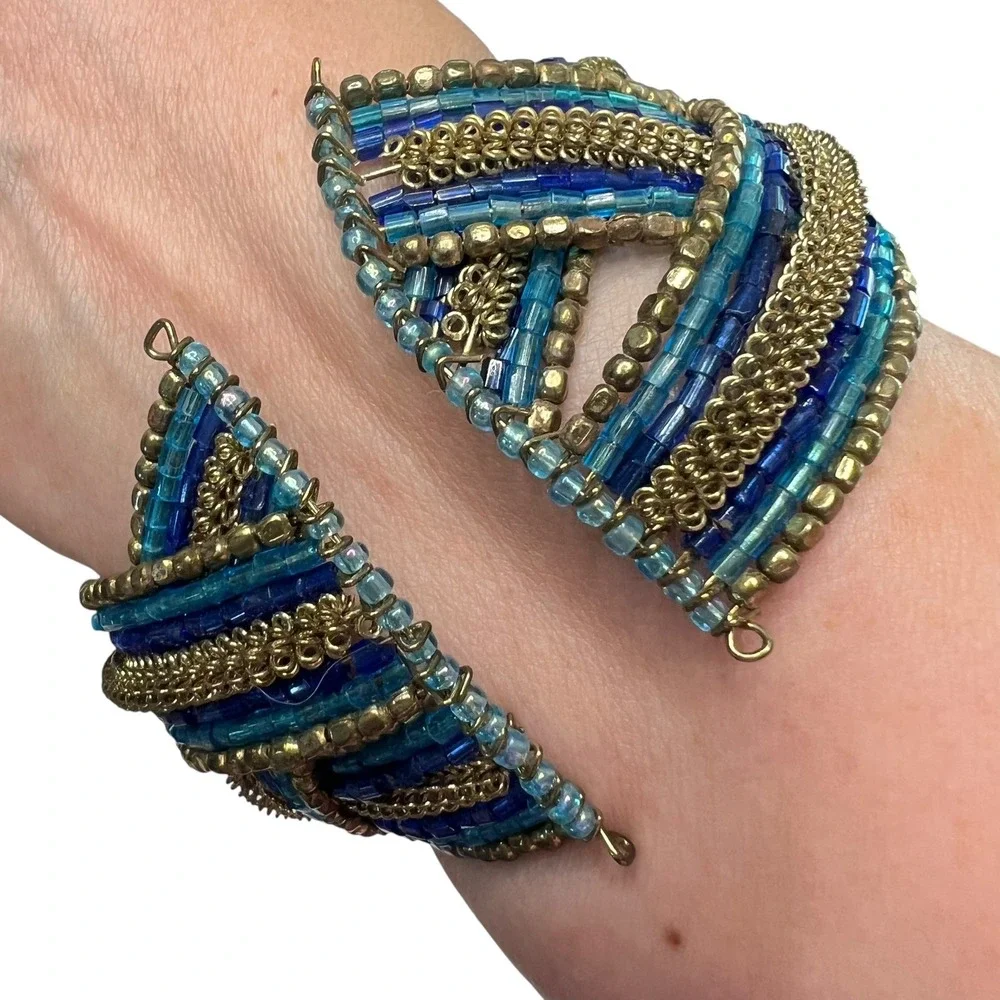 Beaded Cuff Bracelet Blue Gold Tone Statement‎ Bohemian Fashion Jewelry